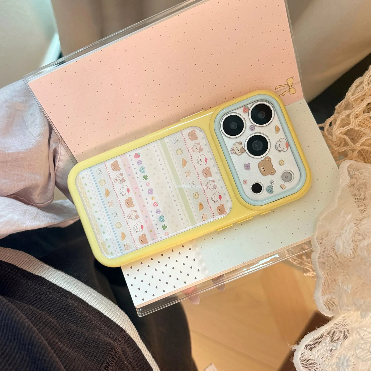 Korean Splicing Polka Dots Cartoon Animals Pattern Phone Case For iPhone