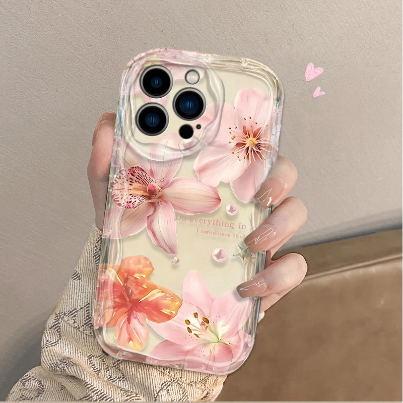 Retro Pink Lily Flower 3D Wave Phone Case  For iPhone