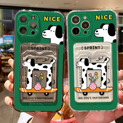 Cute Cartoon Puppy With Card Holder Clear Phone Case For iPhone