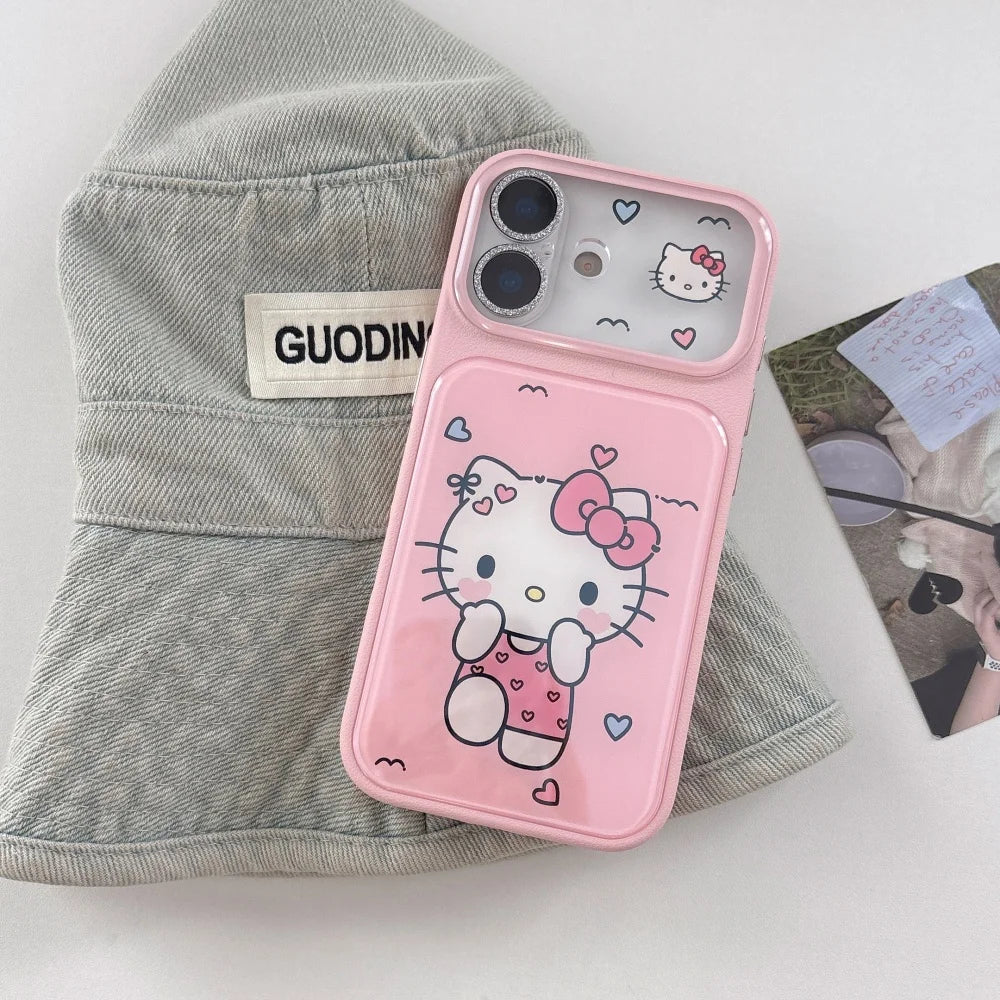 Pink Leather Hello Kitty Phone Case With Bead Wrist Lanyard Shockproof Cute Cartoon Protective Cover For iPhone