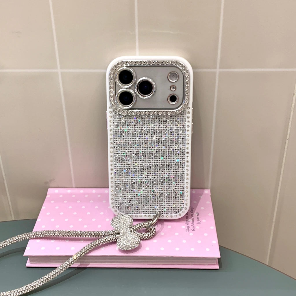 Blingbling Shining Glitter Rhinestone With Bow Lanyard Camera Lens Proteciton Phone Cover Case For iPhone