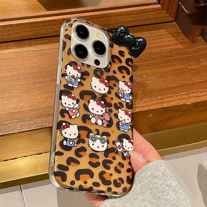 Hello Kitty Bow Lepard Print Face Phone Case For iPhone