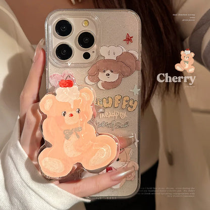 Korean Cute Cartoon Animals Bear Bracket Phone Case For iPhone