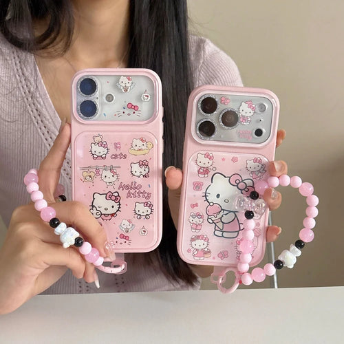 Pink Faux Leather Hello Kitty Phone Case With Bead Cartoon Wrist Lanyard Shockproof Cute  Cover For iPhone