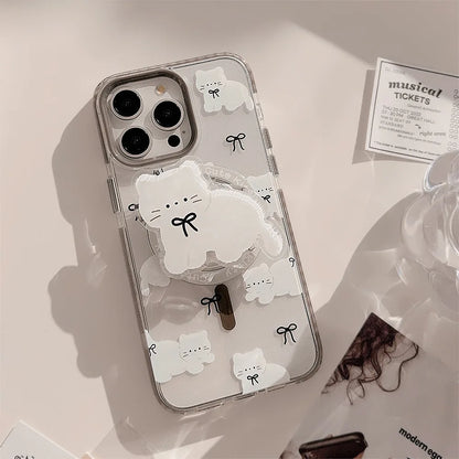 Korean Cute Cartoon Cat Transparent Magnetic Holder Phone Case  For iPhone