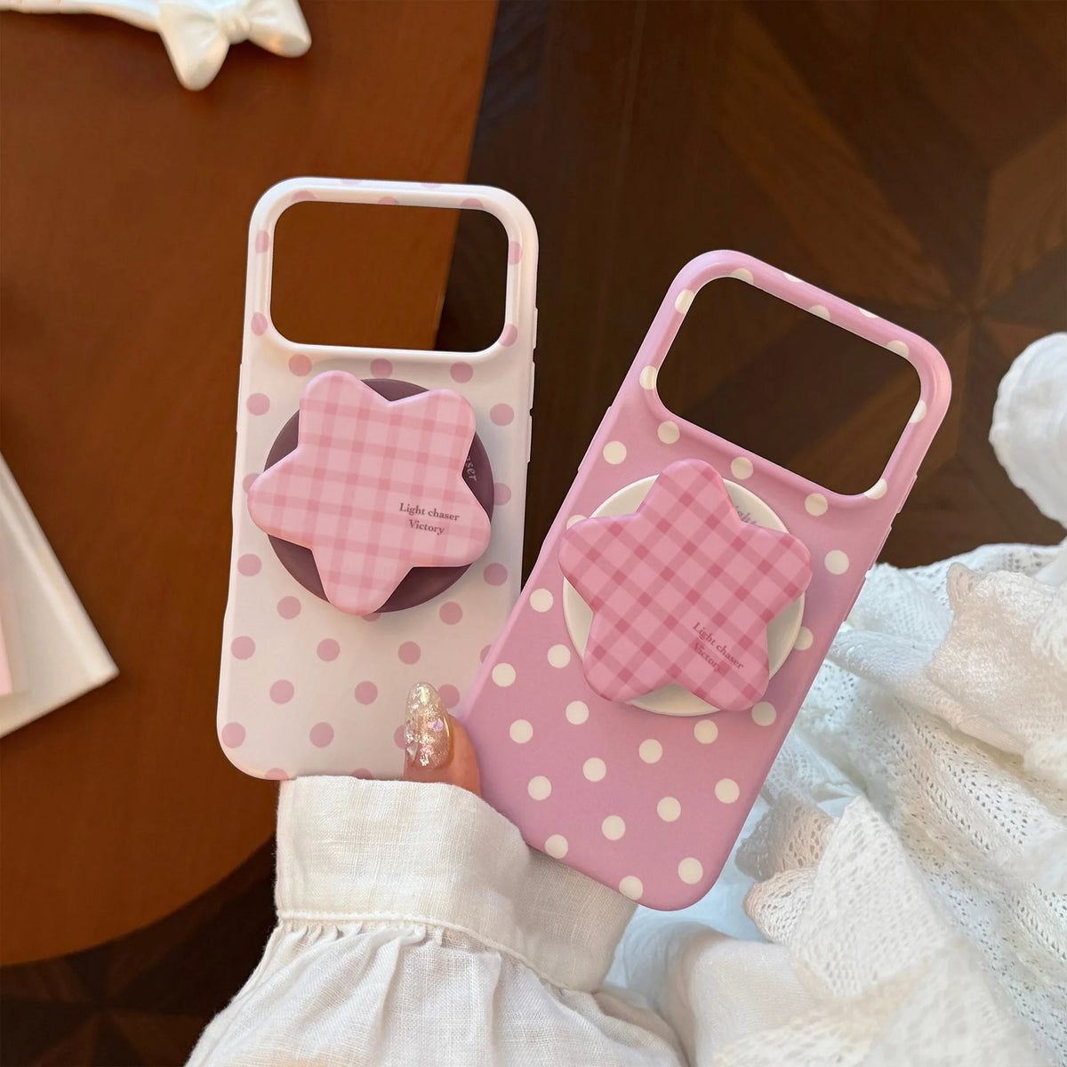 Korean Full Screen Polka Dots With Plaid Stars Magnetic Bracket Phone Case For iPhone