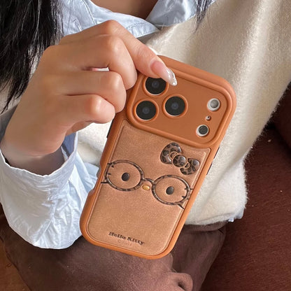 Brown Cute Leather Leopard Print Glasses Kiity Phone Case Suitable For iPhone
