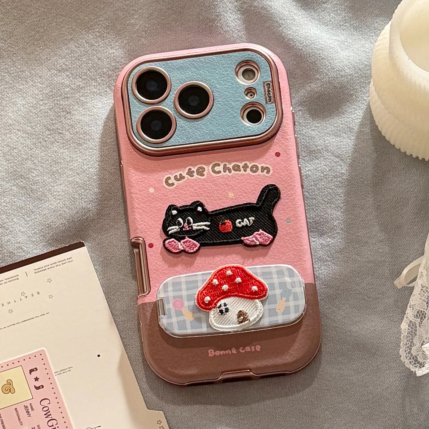 Korean Cartoon Embroidery Kitten Leather Texture Fold Mirror Phone Case For iPhone