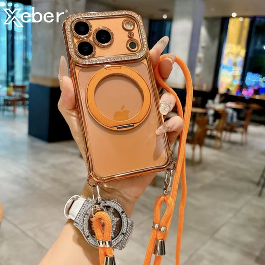 Flash Diamond Necklace Cord Rope Lanyard Plating Magnetic Clear Bracket Case For iPhone