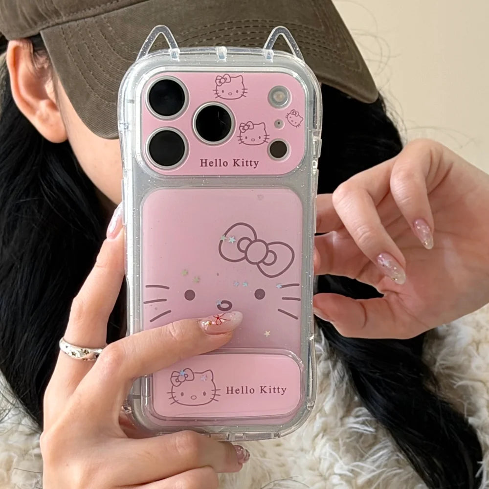 Luxury Pink Cat Ear Drop Adhesive Powder Kitty With Bracket Phone Case For iPhone