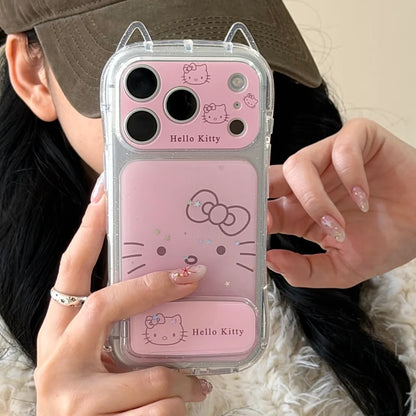 Luxury Pink Cat Ear Drop Adhesive Powder Kitty With Bracket Phone Case For iPhone