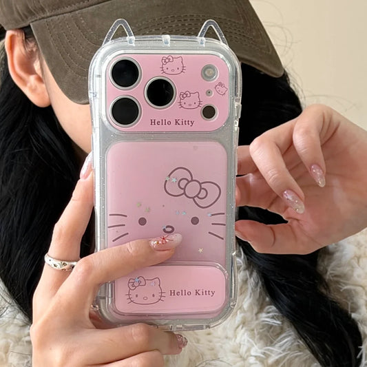 Luxury Pink Cat Ear Drop Adhesive Powder Kitty With Bracket Phone Case For iPhone