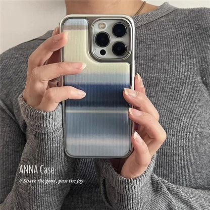 Creative Minimalist Blue Gradient Resin Casting Silver Frame Phone Case For iPhone