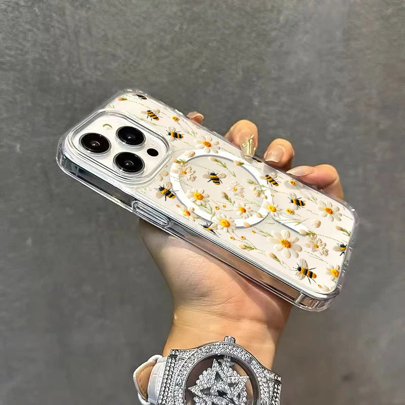 Honeybee Flower Pattern Magnetic Clear Phone Case For iPhone