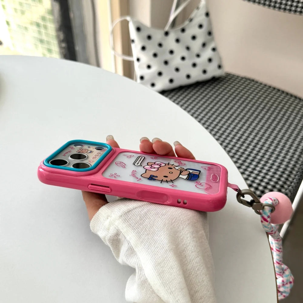 Cute Large Window Hello Kitty Phone Case With Colorful Bead Woven Wrist Lanyard Shockproof Cover For iPhone