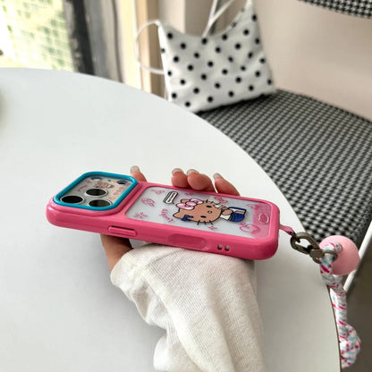 Cute Large Window Hello Kitty Phone Case With Colorful Bead Woven Wrist Lanyard Shockproof Cover For iPhone