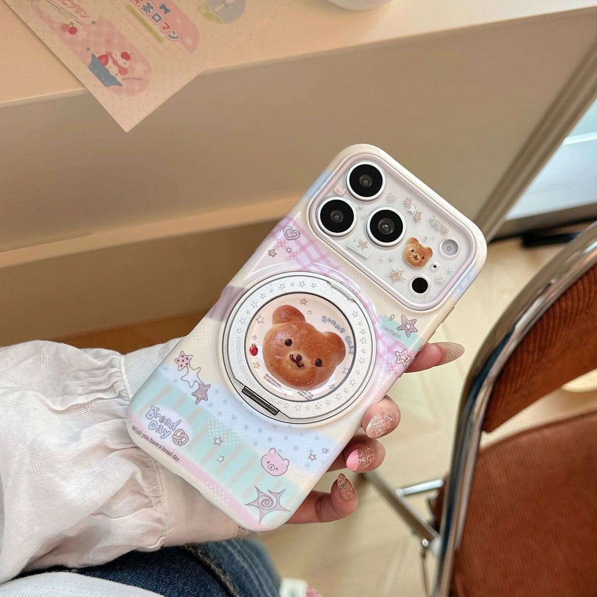 Korean Splicing Fold 360° Rotate Cartoon Bear Bread Magnetic Holder Phone Case For iPhone