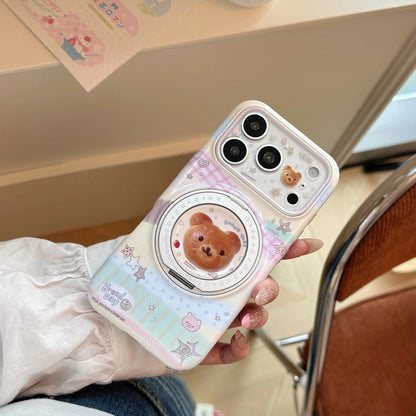 Korean Splicing Fold 360° Rotate Cartoon Bear Bread Magnetic Holder Phone Case For iPhone