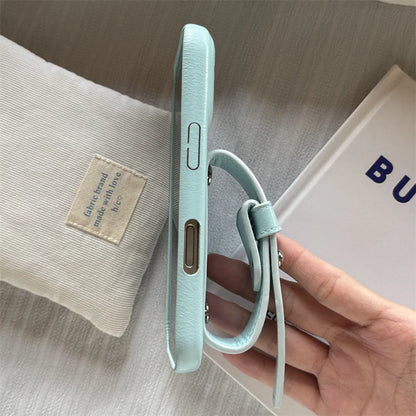 Simple Sky Blue Leather Wristband Stand Phone Case