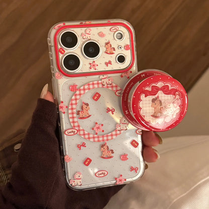 2026 Korean Cartoon Pony Quicksand Magnetic Bracket Phone Case For iPhone
