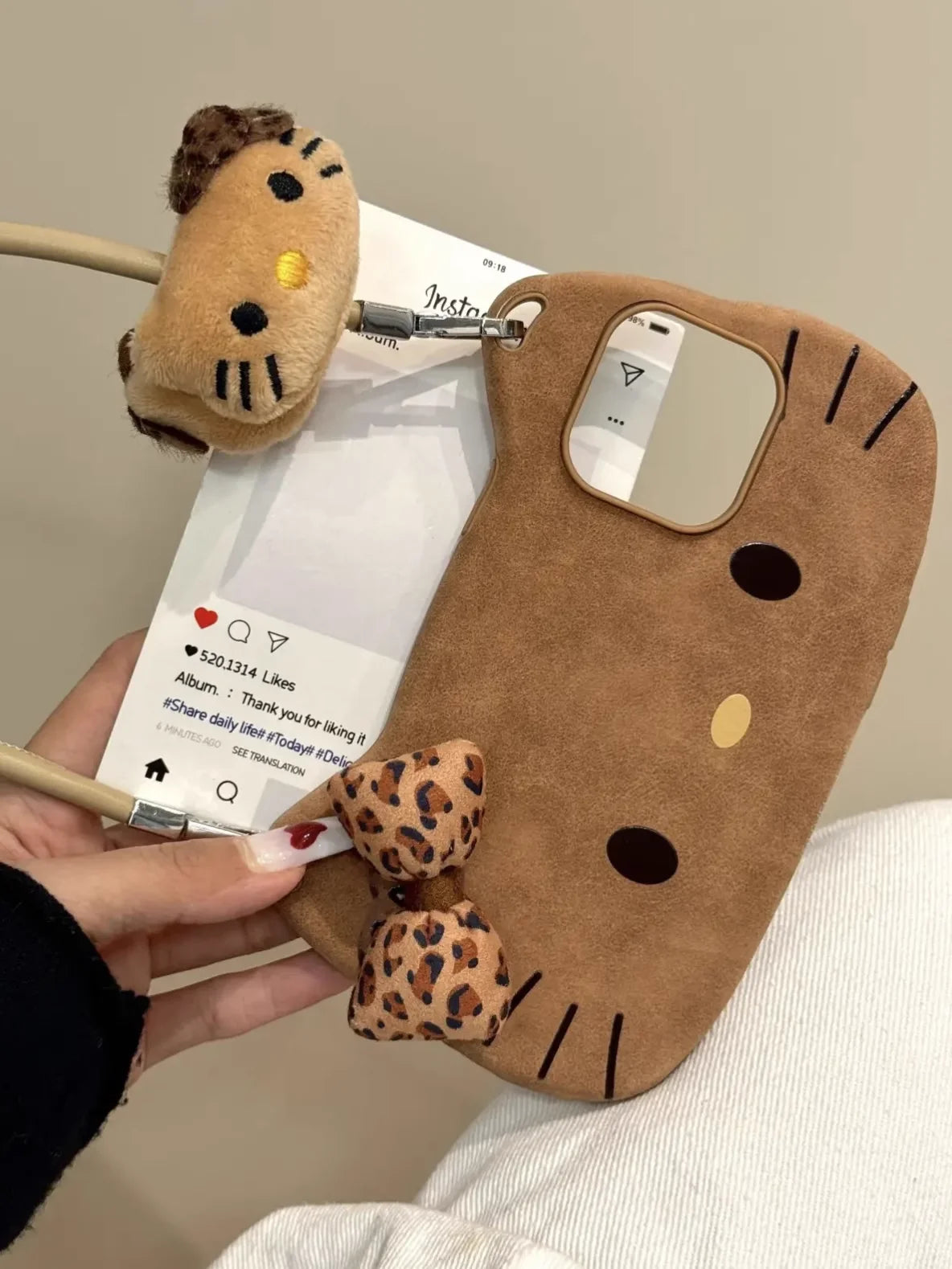 Hello Kitty Leather 3D Bow Brown Phone Case For iPhone