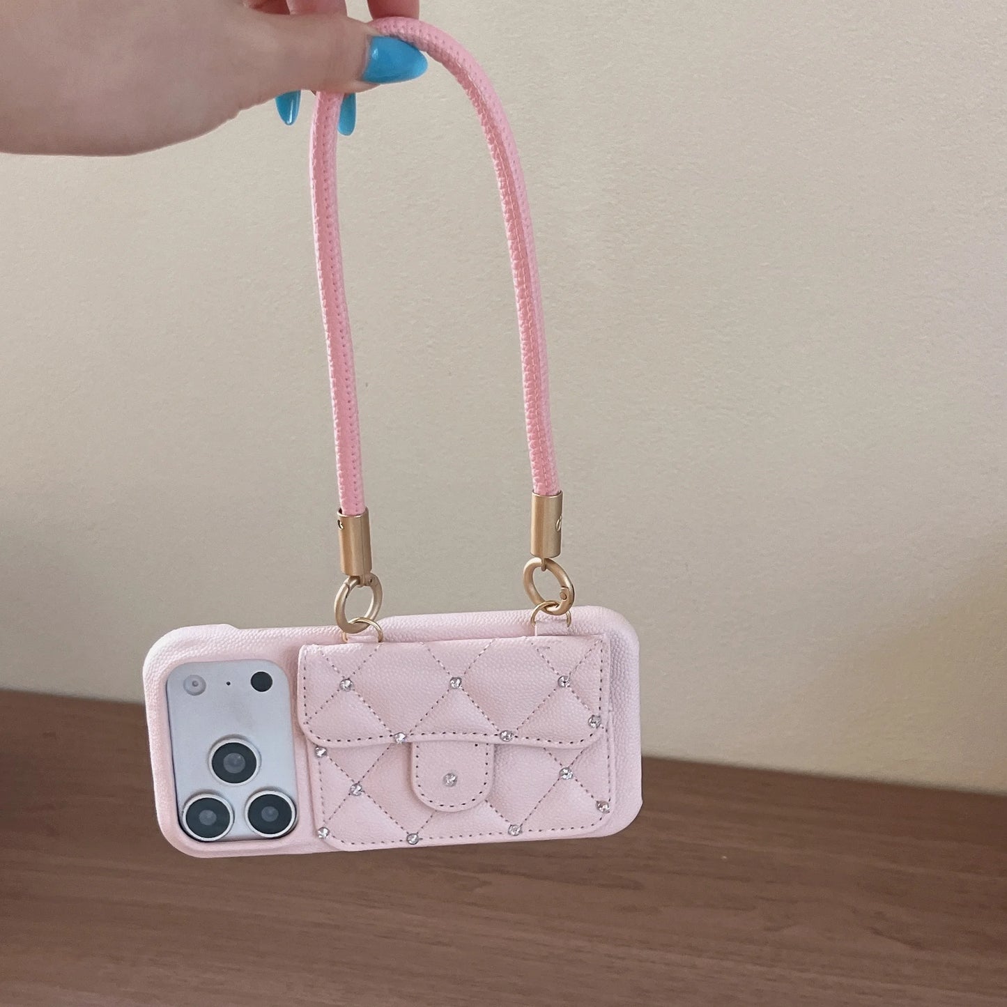 Fashionable Minimalist Diamond-Encrusted Phone Case with Hand Rope For iPhone