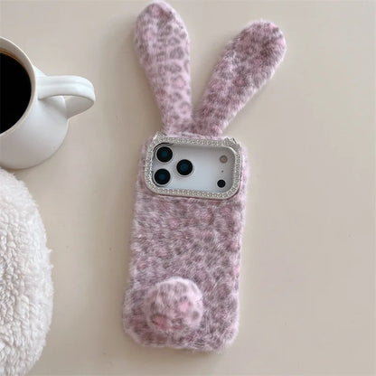 Cute Cartoon Leopard Print Rabbit Ears Furry Plush Phone Case For iPhone