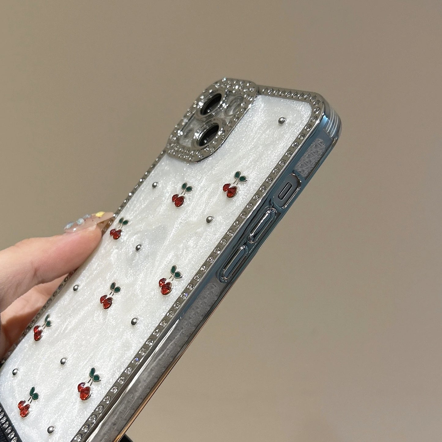 Glamorous & Sweet Zircon Frame Sparkling White Cherry Pattern Chic Phone Case