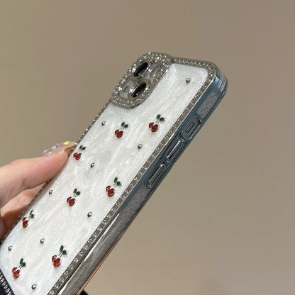 Glamorous & Sweet Zircon Frame Sparkling White Cherry Pattern Chic Phone Case