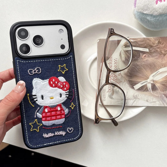 Luxury Denim Leather Pattern Cartoon Hello Kitty Case For iPhone