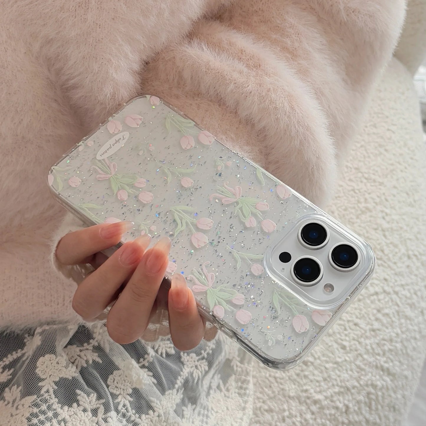 Glitter Floral Tulip Pattern Clear Phone Case