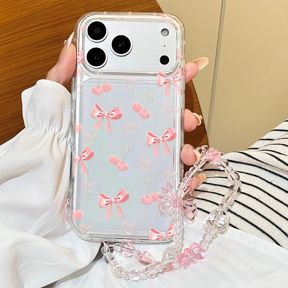 Korean Cherry Heart Bowknot Pattern Phone Case For iPhone