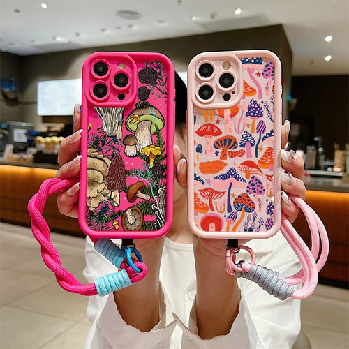 Colorful Mushroom Silicone Lanyard Rope Phone Case For IPhone