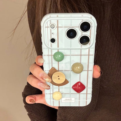 Korean Grid Pattern 3D Geometry Gemstone Button Decoration Phone Case For iPhone