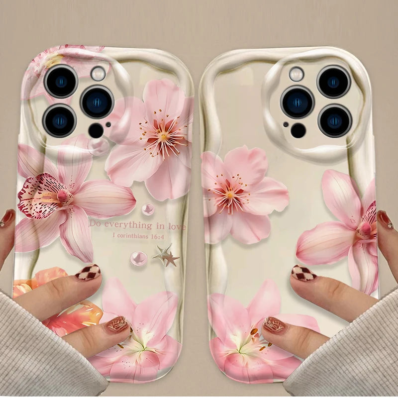 Retro Pink Lily Flower 3D Wave Phone Case  For iPhone