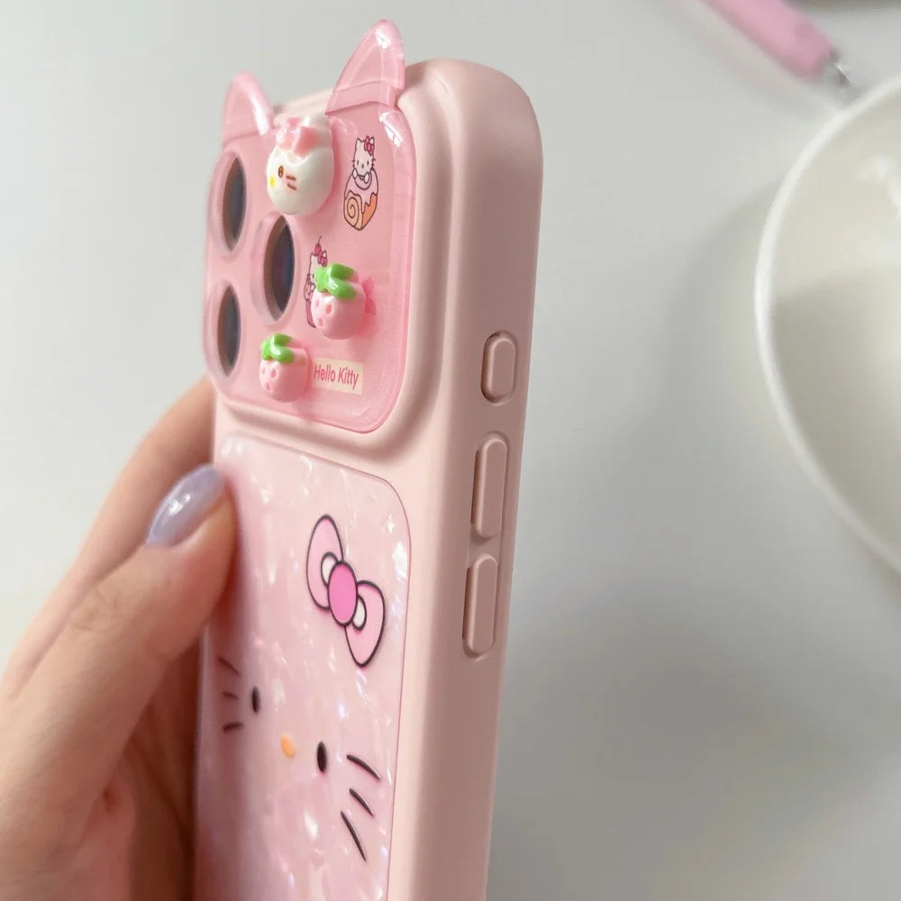 Fashion 3D Cute Pink Cartoon Sanrio Hello Kittty Bow Cat Ears Phone Case For iPhone