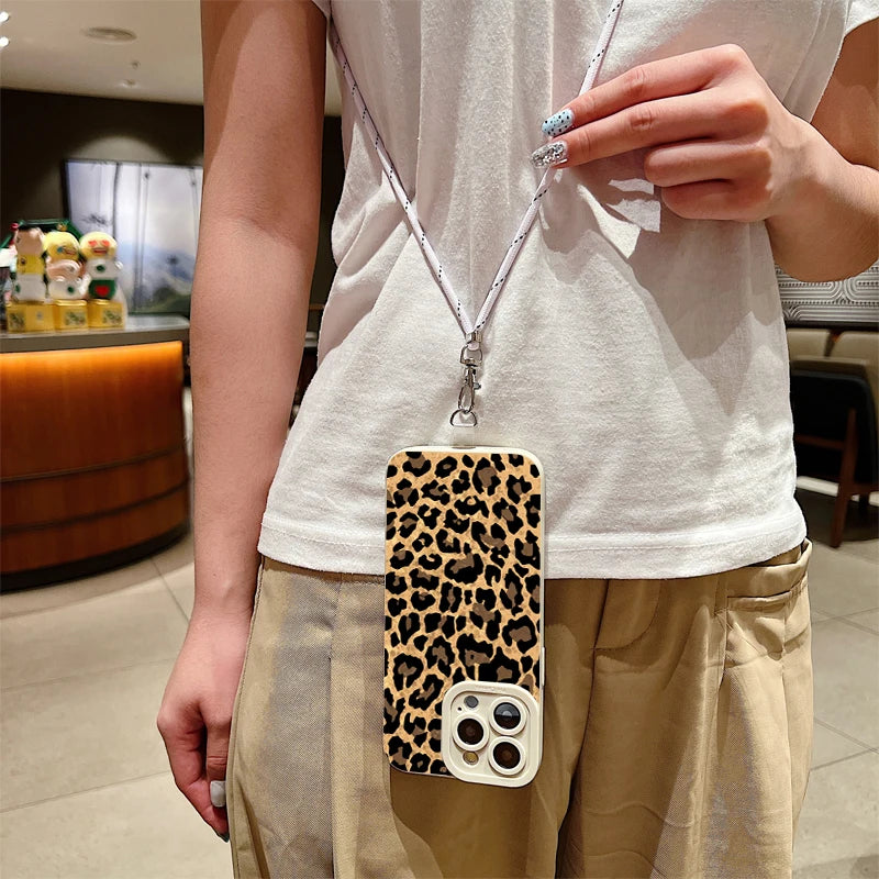 Brown Leopard Lanyard Strap Phone Case For iPhone