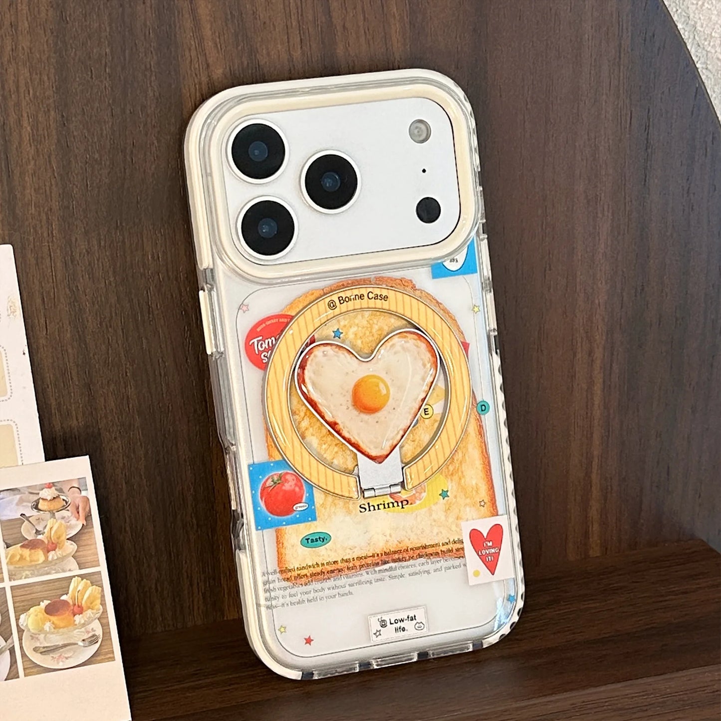 Korean Toast Pattern With Fried Egg Love Heart Bracket Magnetic Phone Case For iPhone