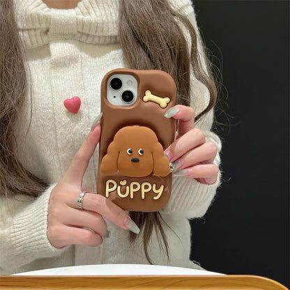 Cute Cartoon Teddy Puppy Silicone Telescopic Bracket Phone Case For iPhone