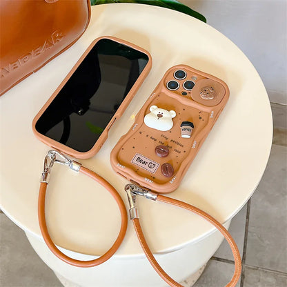 3D Coffee Cartoon Bear Phone Case With Wrist Strap For iPhone