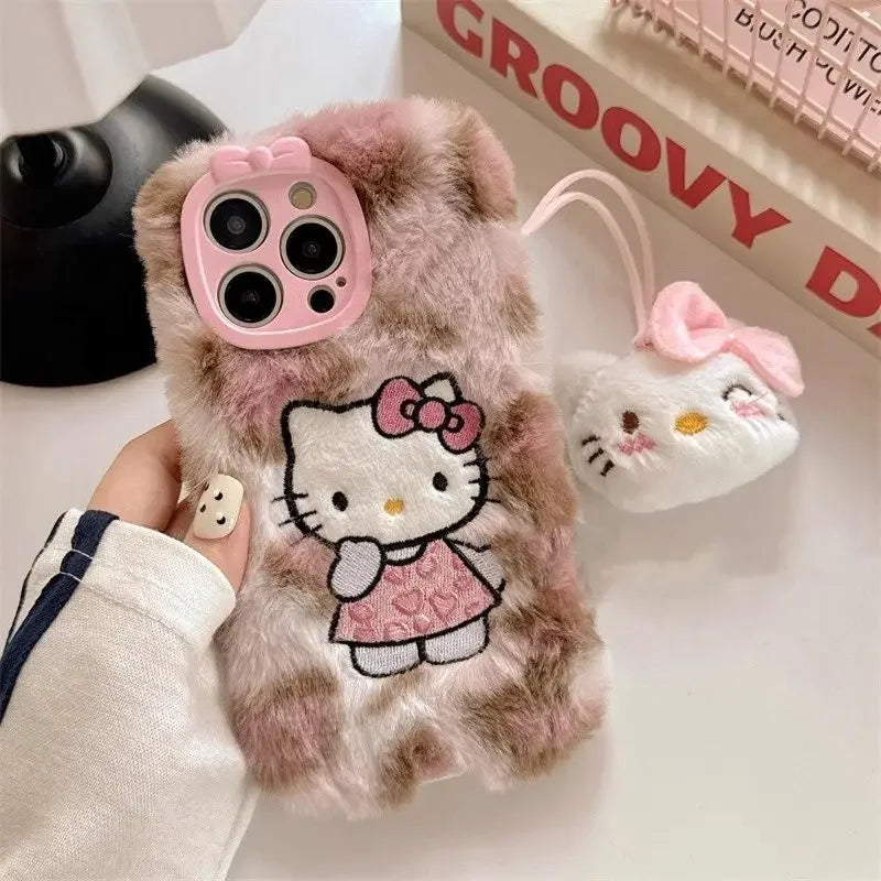 Y2k Hello Kitty Kawaii Plush Leopard Print Phone Case For iPhone