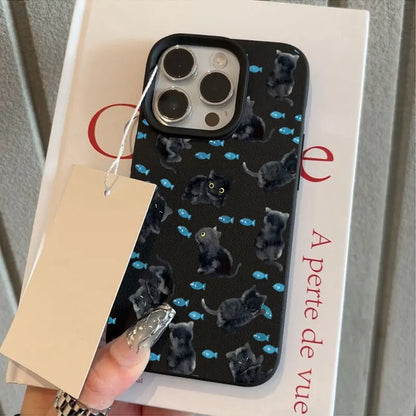 Cute Black Cat Blue Fish Pattern Silicone Phone Case For iPhone