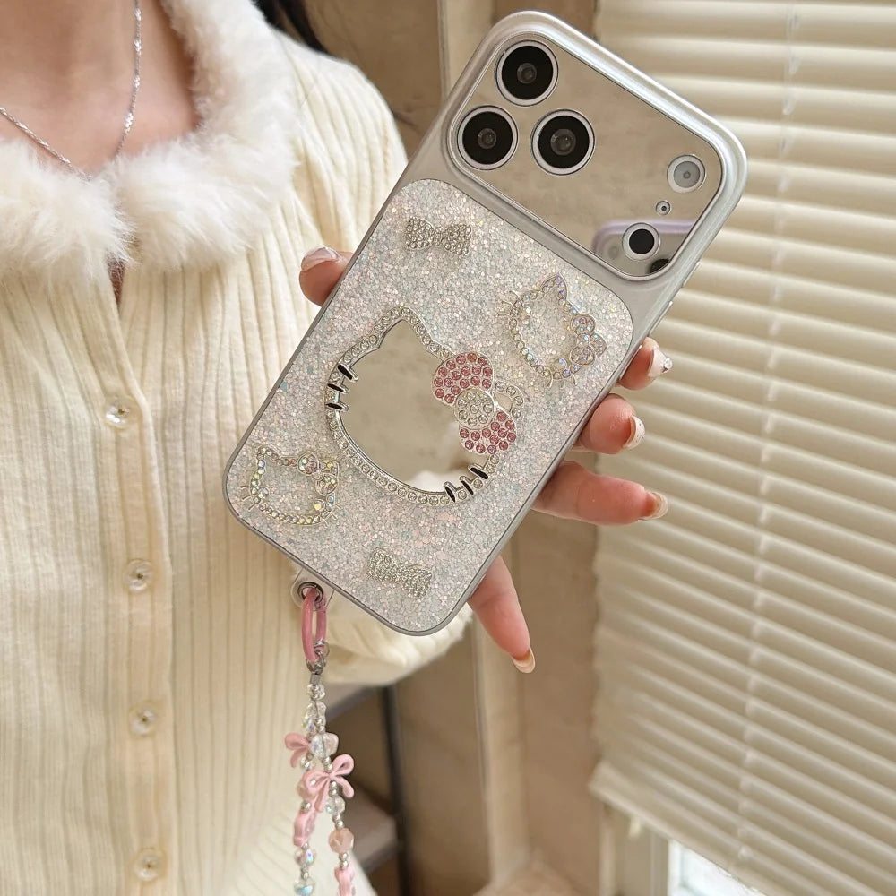 3D Cute Cartoon Sanrio KT Bling Glitter Makeup Mirror Phone Case For iPhone