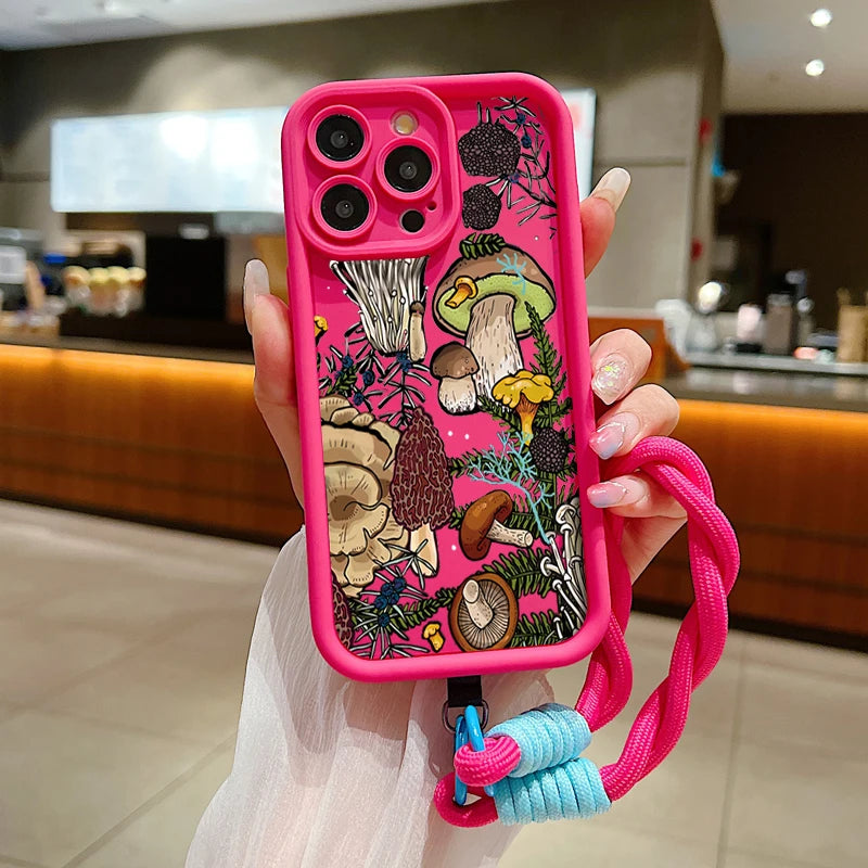 Colorful Mushroom Silicone Lanyard Rope Phone Case For IPhone
