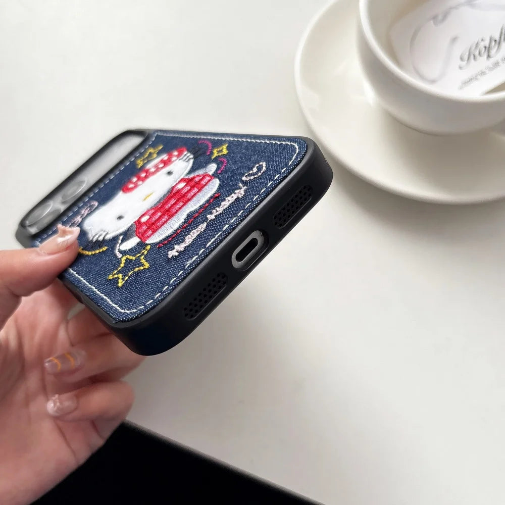 Luxury Denim Leather Pattern Cartoon Hello Kitty Case For iPhone
