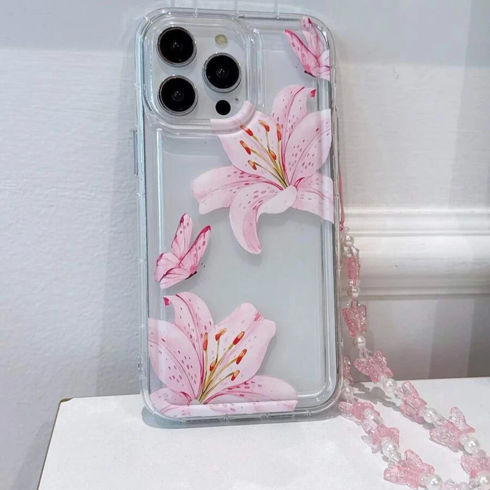 Sweet Pink Lily Pattern With Lanyard Phone Case For iPhone