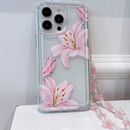 Sweet Pink Lily Pattern With Lanyard Phone Case For iPhone