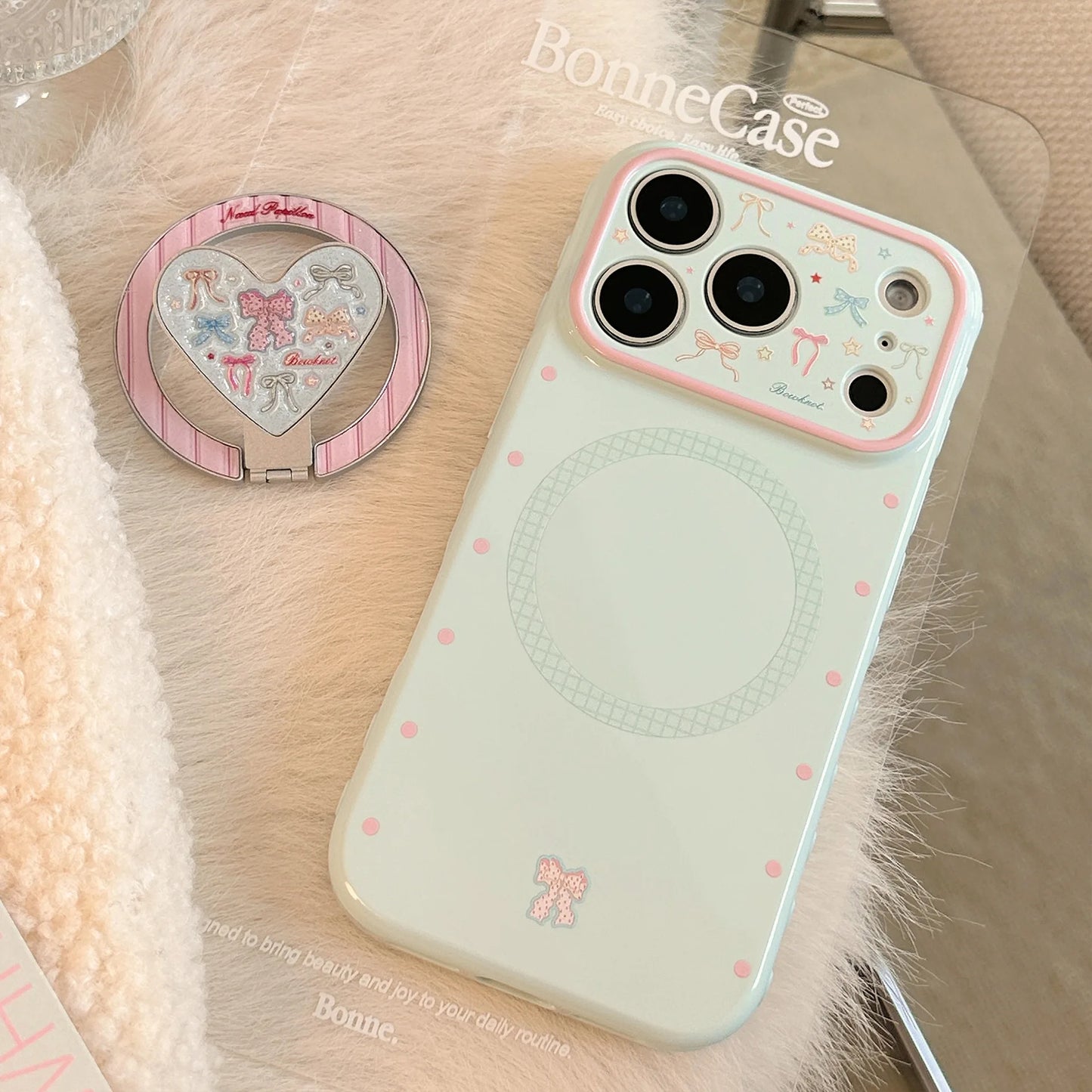 Korean Fold Love Heart Glitter Colorful Bowknot Magnetic Holder Phone Case For iPhone