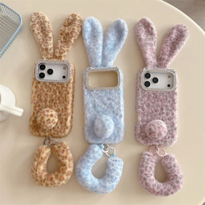 Cute Cartoon Leopard Print Rabbit Ears Furry Plush Phone Case For iPhone