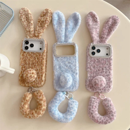 Cute Cartoon Leopard Print Rabbit Ears Furry Plush Phone Case For iPhone